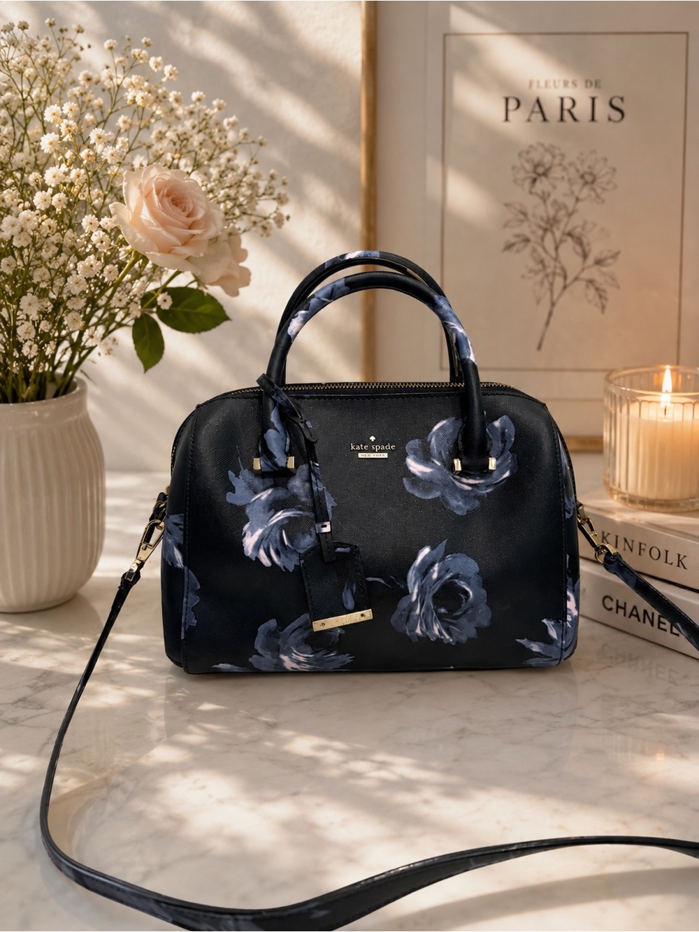 Kate Spade Cameron Street Large Lane Bag In Night Rose (Navy Floral) EUC